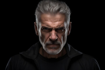 Obraz premium Angry mature Caucasian man, head and shoulders portrait on black background. Neural network generated photorealistic image. Not based on any actual person or scene.