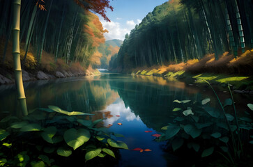 landscape view bamboo forest in river. bamboo forest illustration. beautiful river ai generated