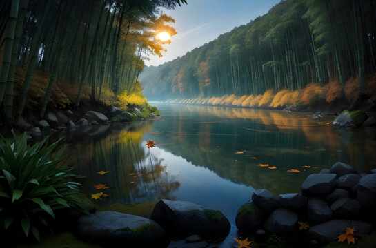beautiful view landscape autumn bamboo in river side. beautiful river landscape ai generated