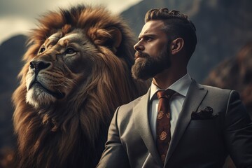 Fearless business leader standing by a large lion. Generative AI - obrazy, fototapety, plakaty