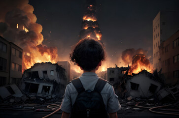 kid war survivor who lost everything. war explosion. destroyed city. ai generated