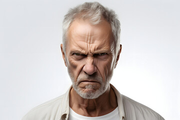 Angry mature Caucasian man, head and shoulders portrait on white background. Neural network generated photorealistic image. Not based on any actual person or scene.
