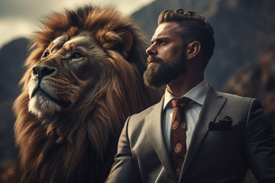 Fearless business leader standing by a large lion. Generative AI