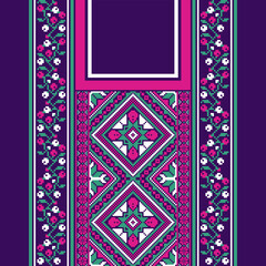 Obraz premium floral embroidery neckline background. ikat and cross stitch geometric seamless pattern ethnic oriental traditional. Aztec style illustration design for carpet, wallpaper, clothing, wrapping, batik.