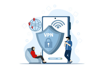 Virtual Private Network Concept. People Use VPN Technology System to Protect their Personal Data on Smartphones, vpn technology system, browser unblock websites, internet connection.