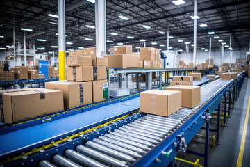 parcel box packages moving along a conveyor belt in a warehouse for e-commerce, delivery, automation, and products. Generative ai - obrazy, fototapety, plakaty