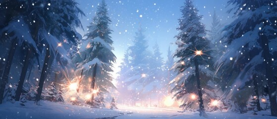  illustration winter land and pine trees land colorful sky - obrazy, fototapety, plakaty
