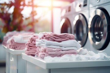 Row of washing machine of laundry business in the public store. Generative AI - obrazy, fototapety, plakaty