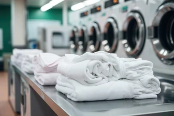 Foto op Plexiglas Row of washing machine of laundry business in the public store. Generative AI © Phichitpon