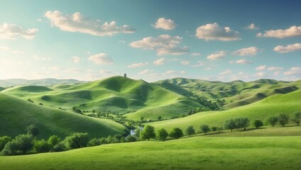 a peaceful landscape, serene rural landscape with lush green fields