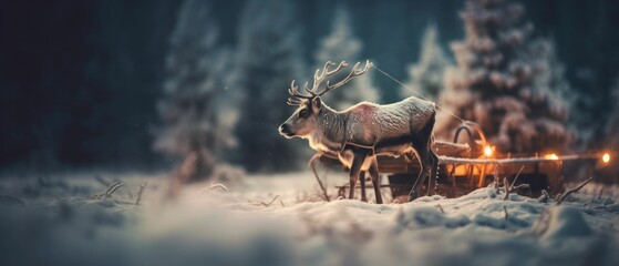 reindeers and sleigh in snow land  - obrazy, fototapety, plakaty