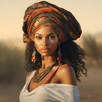 beautiful Ethiopian woman with a turban on her head. african-American model, ethnic female portrait.