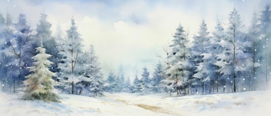 watercolor winter snowfall pine tree land colorful  - obrazy, fototapety, plakaty