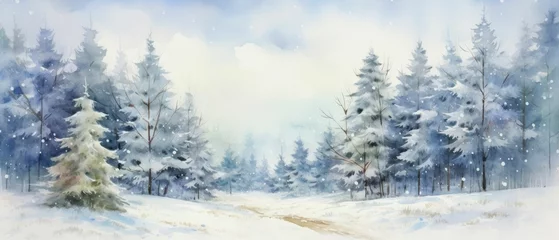 Rolgordijnen watercolor winter snowfall pine tree land colorful  © mariyana_117