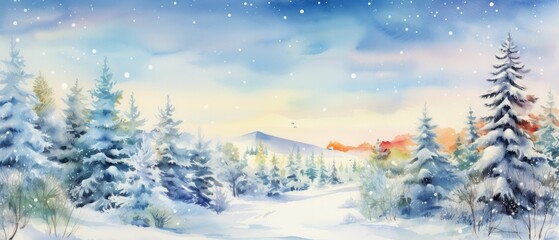 Naklejka premium watercolor winter snowfall pine tree land colorful 