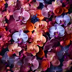 Foto auf Glas orchid as a natural multicolored background, floral backdrop, tropical exotic flowers. © MaskaRad
