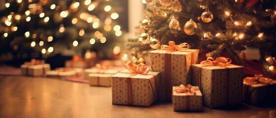 Naklejka na ściany i meble Christmas Tree pile gift .Winter .Vintage Style