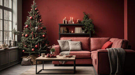 Living room with red painted wall, and christmas tree for celebration of winter holidays