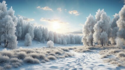 Obraz na płótnie Canvas a snow covered field with trees and bushes 