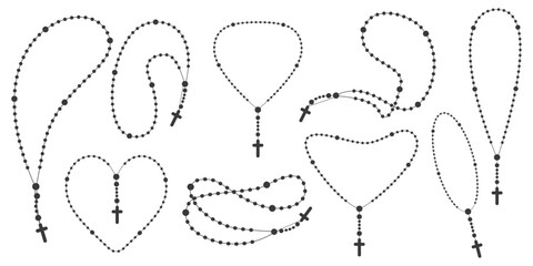 Rosary beads silhouettes set. Prayer heart shaped jewelry for meditation. Catholic chaplet with a cross. Religion symbol. Vector illustration. - obrazy, fototapety, plakaty