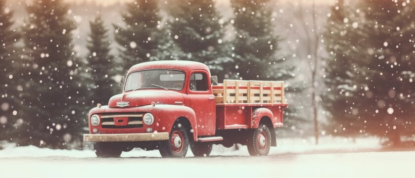 red truck car carrying christmas tree.winter season	