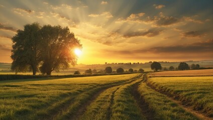 Obraz premium a peaceful landscape, serene rural landscape with lush green fields, sky and peaceful sunlight 