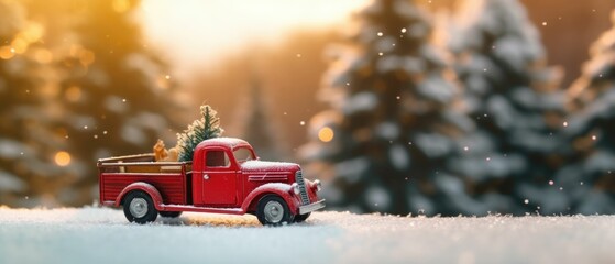 red truck car carrying gifts and christmas tree.winter season	