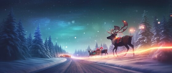  santa ride use sleigh and reindeers carrying pine trees landscape - obrazy, fototapety, plakaty