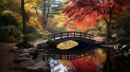 A rustic wooden bridge spanning a peaceful stream, framed by the vibrant colors of the surrounding autumn forest.