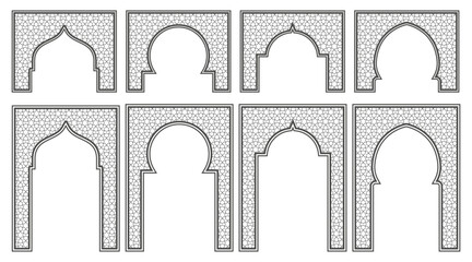Islamic frame with arch and ornament. Ramadan gate on geometric background for wedding invitation design. Vector oriental decorations set. - obrazy, fototapety, plakaty