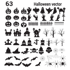 Set of silhouettes of Halloween on a white background, Big set of Halloweens silhouettes black icon and character. Design of witch, creepy and spooky elements for Halloweens decorations, sketch, icon.