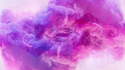 Color fume background. Mysterious air. Blue pink purple ink blend flow effect smooth texture abstract vibrant swirls spreading in water on white.
