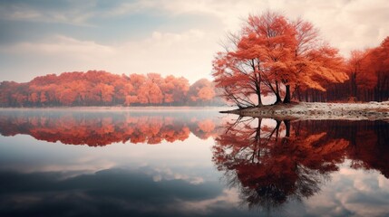A serene riverbank lined with trees shedding their leaves, their reflections creating a stunning mirror image in the water.