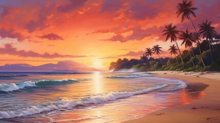Fototapeta na wymiar A tropical beach at sunset with vibrant shades of orange and pink painting the sky, casting a warm glow over the sand and sea.