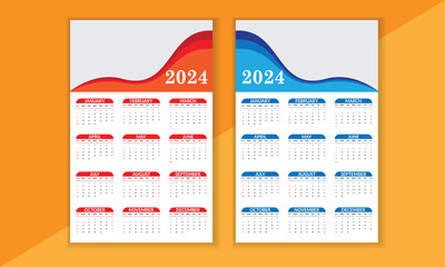 2024 english typographic calender poster. yearly planner design. week starts from sunday and red blue abstract design.