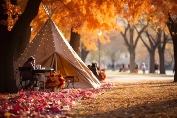 Schilderijen op glas Picturesque scene of colorful autumn leaves and a festival tent, Generative AI © Shooting Star Std