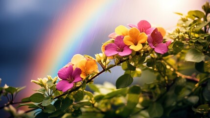 A vibrant rainbow arcing across the sky after a spring rain, a symbol of hope and beauty.