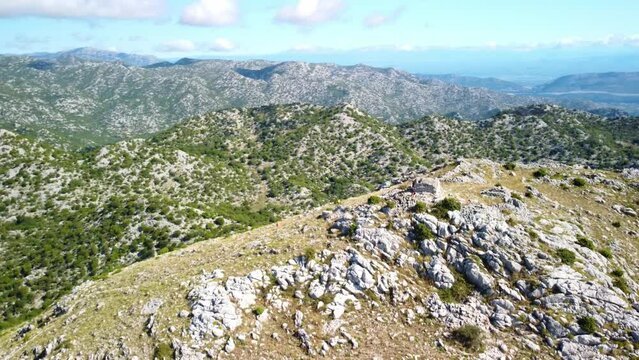 Scenery Of Craggy Mountain Ridges Seen From Sv. Paskal Peak In Dalmatian Coast, Croatia. Aerial Shot