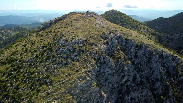 Limestone Rock Mountains Of Sv. Paskal In Dalmatian Coast, Croatia. Aerial Drone Shot