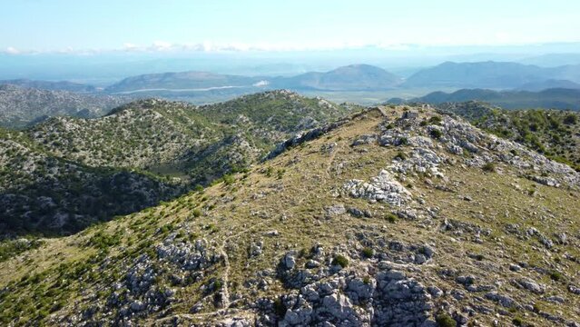 Rugged Terrain Over Sv. Paskal Peak in Split-Dalmatia, Adriatic Coast, Croatia. Aerial Drone Shot