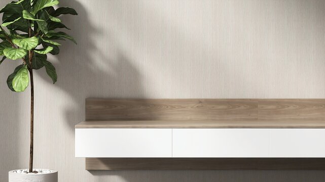 Empty wooden television console shelf cabinet with white drawer, fiddle leaf fig tree in sunlight on beige wallpaper wall for interior design decoration, product display background 3D