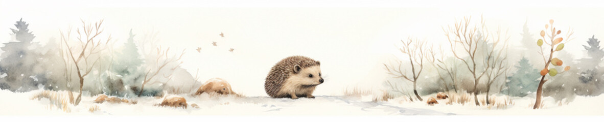 A Minimal Watercolor Banner of a Hedgehog in a Winter Setting - obrazy, fototapety, plakaty