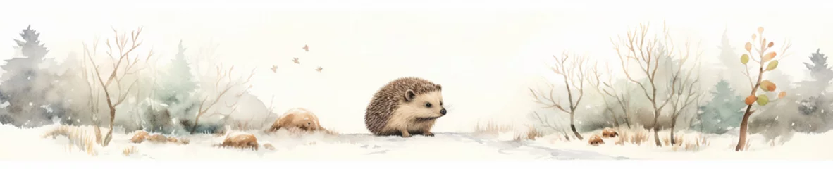 Fotobehang A Minimal Watercolor Banner of a Hedgehog in a Winter Setting © Nathan Hutchcraft
