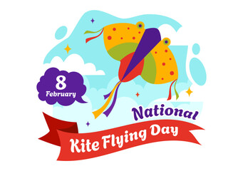 National Kite Flying Day Vector Illustration on February 8 of Sunny Sky Background in Summer Leisure Activity in Flat Cartoon Background Design