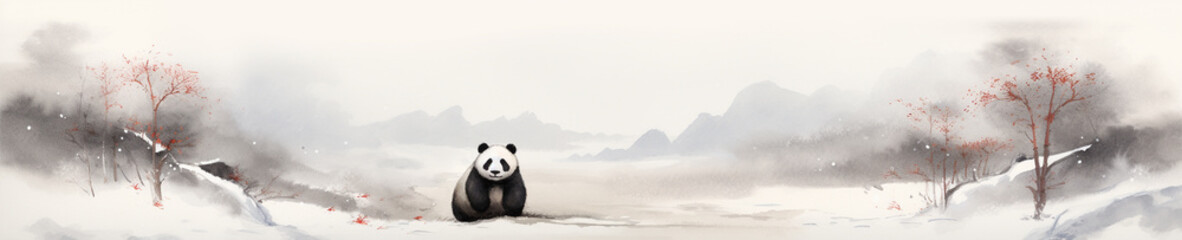 A Minimal Watercolor Banner of a Panda in a Winter Setting - obrazy, fototapety, plakaty