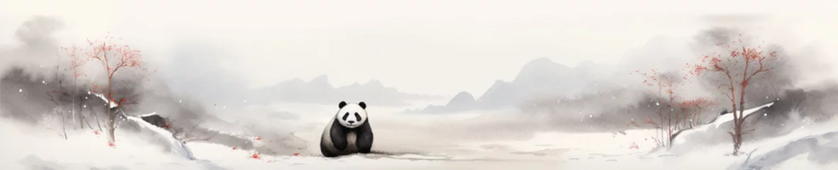Foto op Plexiglas A Minimal Watercolor Banner of a Panda in a Winter Setting © Nathan Hutchcraft