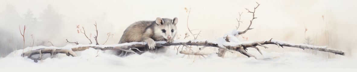 A Minimal Watercolor Banner of a Opossum in a Winter Setting