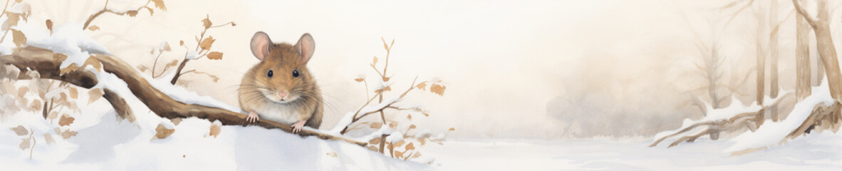 A Minimal Watercolor Banner of a Mouse in a Winter Setting