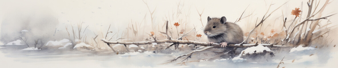 A Minimal Watercolor Banner of a Rat in a Winter Setting
