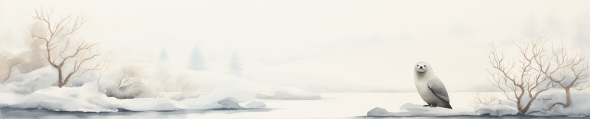 Fototapeta na wymiar A Minimal Watercolor Banner of a Seal in a Winter Setting
